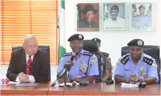 IGP MD Abubakar making his remarks while the US Ambassador, His Excellency James F. Entwistle and the DIG in-charge of Training, DIG Atiku Kafur look on at the event