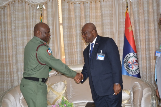 The Chief of Defence Staff Gen AG Olonisakin welcoming Liberia's Minister of National Defence, Hon Brownie J Samukai Jr to his office.JPG